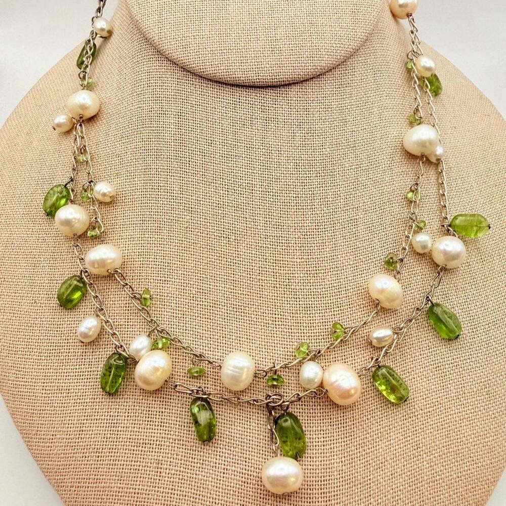 Vtg 925 Silver Freshwater Pearl Peridot Necklace Dangle Bead Double Stranded 14"
